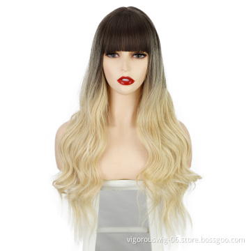 Vigorous Ombre Wavy Wigs Blonde Mix Brown Middle Part Cosplay Heat Resistant Synthetic Wig Bangs For Black Women Long Hair